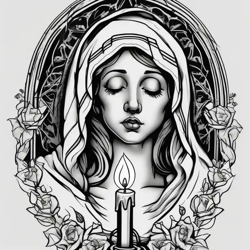 realistic style Fishing Tattoo Ideas in 2025 about virgin maria holds 1 candle in her hand and tattoo should be full color fishing tattoos